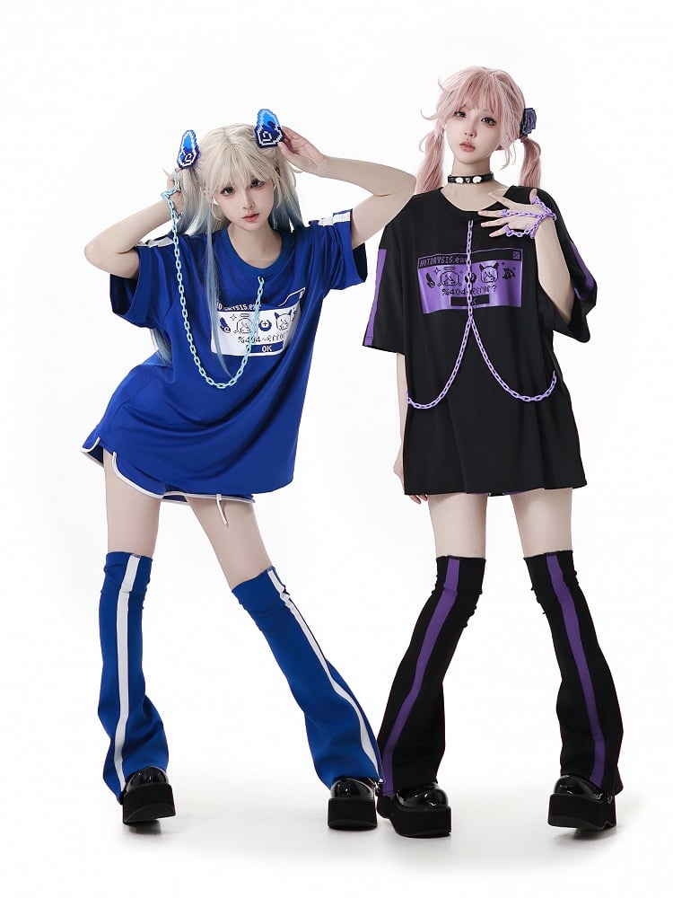 ピクセルキャラクタープリントチェーンデザイン ジライケイTシャツ ブルー ホワイト ブレスレット リングフィンガー付き