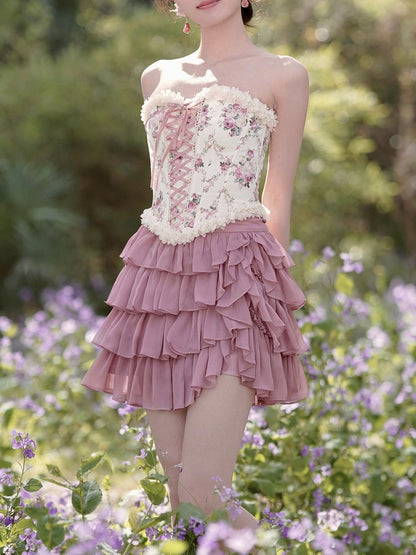 Balletcore-Croset-Oberteil mit Schnürung vorne und hinten und Blumenmuster