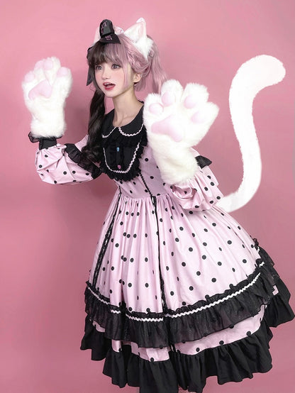 Lolita Dot Cute Long with Black Ruffle Sleeve Polka Dress Pink Details OP