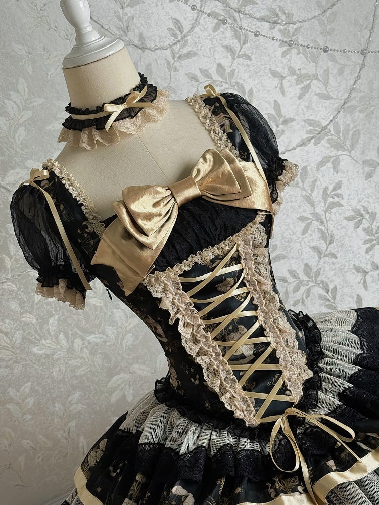 Print Puff Kurzes Goldkleid Korsett Bunny Lolita und schwarze Kitty-Ärmel