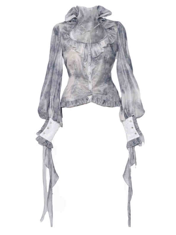 Corpse Bride – Chiffon-Hemd mit Rüschen und hohem Kragen in staubblauer Batikoptik