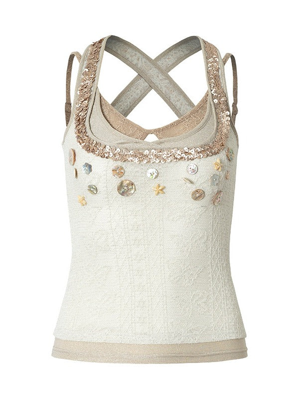 Off-White Fake Three-Piece Knit Cami Top with Shell Buttons - NO ROMANCE