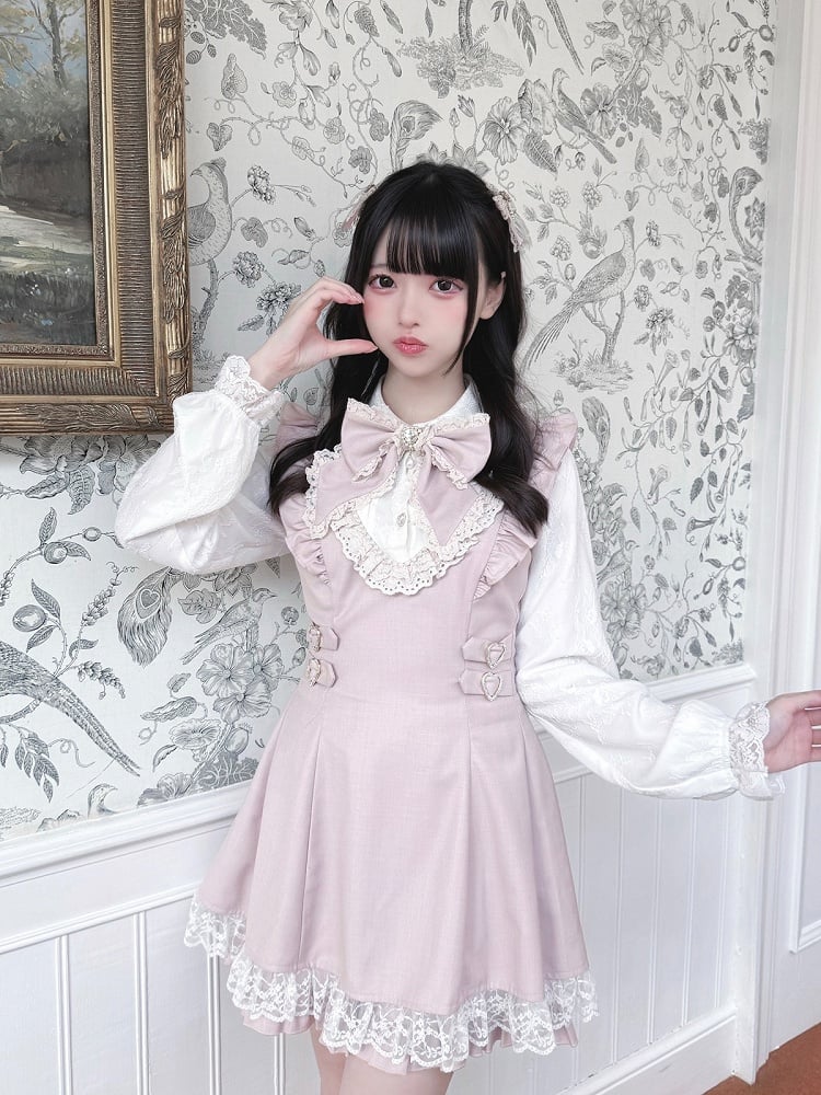 Ryousangata Pink Lace Long Sleeve Dress & Shorts Bow Set - Ekomi