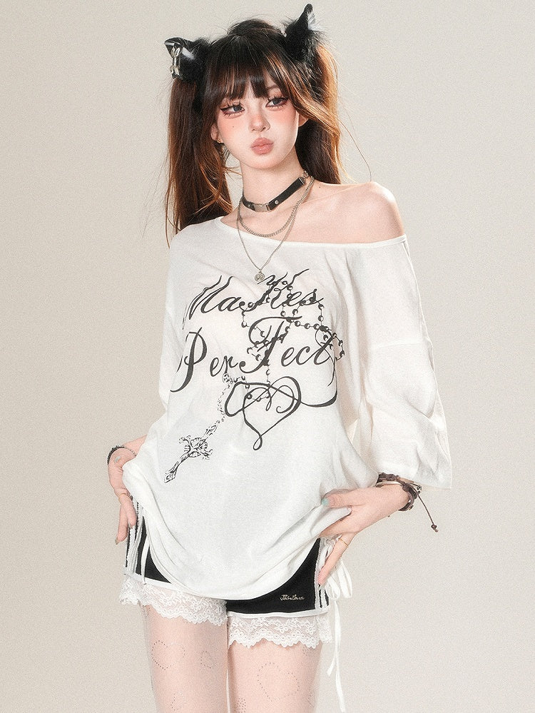 T-shirt Asymmetrical Letter Print White Glamorous Neckline