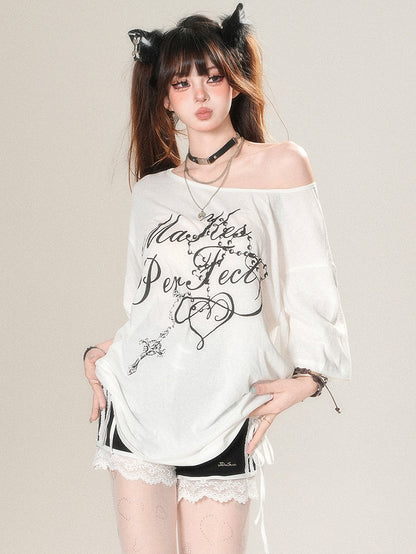 T-shirt Asymmetrical Letter Print White Glamorous Neckline