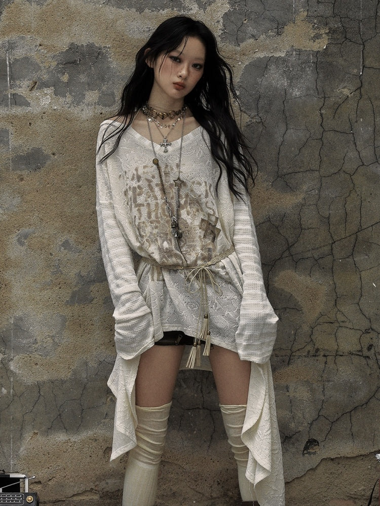 ブラックホワイトゴシックパンクレターズアシンメトリートップス