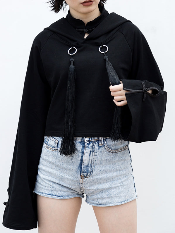 Front Baggy Long Cheongsam Hoodie Detail Crop Style and Sleeves Goth with Fringe Black