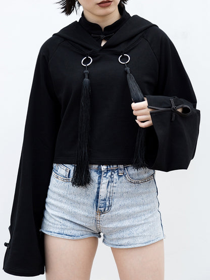 Front Baggy Long Cheongsam Hoodie Detail Crop Style and Sleeves Goth with Fringe Black