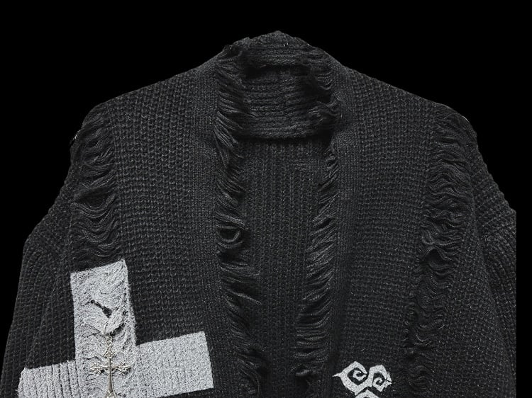 Gothic Punk Schwarzes Kreuz und Skelett Distressed Holes Cardigan Raw Edge