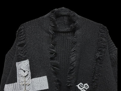 Gothic Punk Schwarzes Kreuz und Skelett Distressed Holes Cardigan Raw Edge