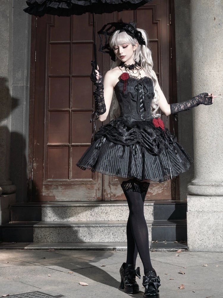 Schwarzer Lolita-Gothic-Rock mit Kordelzug