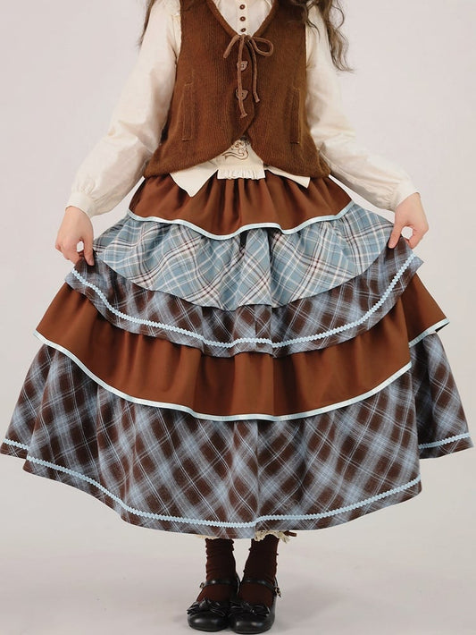 Length Blue Ruffles Tea Tiered Sweet Brown Skirt Plaid Lolita