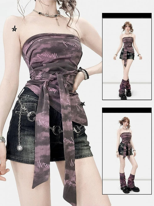 パープルダイストラップヘムトップY2Kアシンメトリービタースイートチューブセルフタイタイ