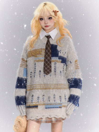 コーヒー/アプリコット パッチワーク ディストレスホールズ ルーズセーター