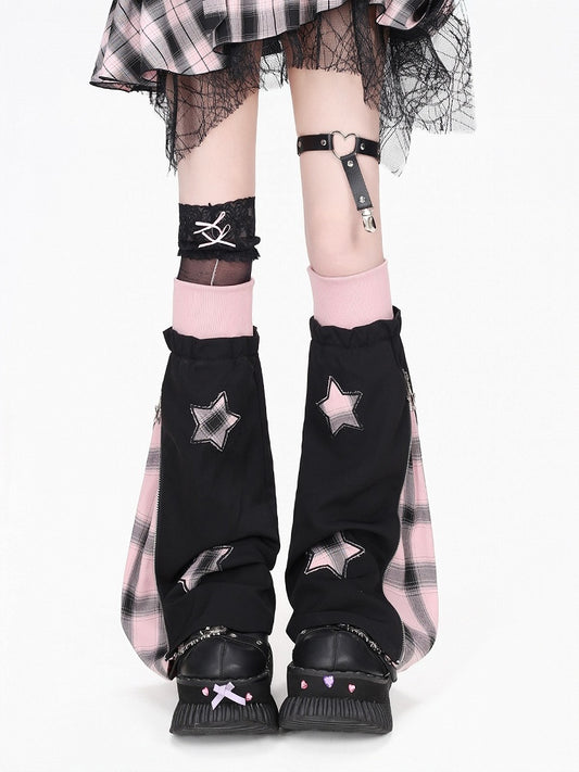 Black & Pink Plaid Leg Warmers with Star Details - CRAZY GIRL