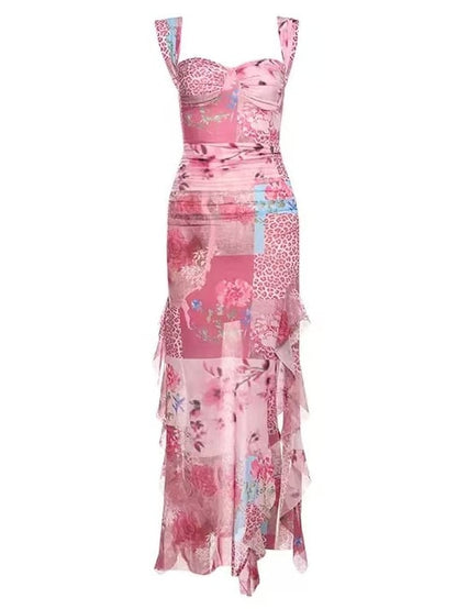 Bittersweet Floral Leopard Print Dress Thigh-high Pink Slit Glamorous