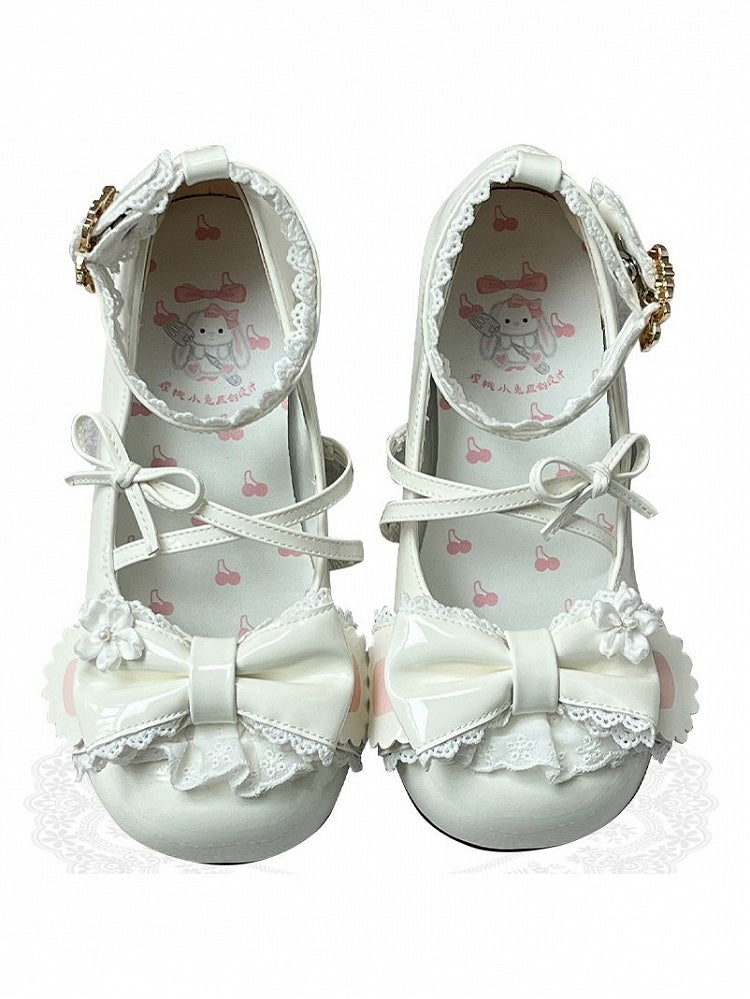 White Cherry Blossom Buckle Sweet Lolita Shoes with Bunny Ear Heel - Cherry Bunny