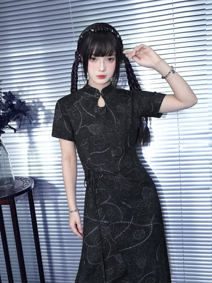 Black Gothic Short Sleeve Cheongsam Sea Lily Print - Quirky Hut