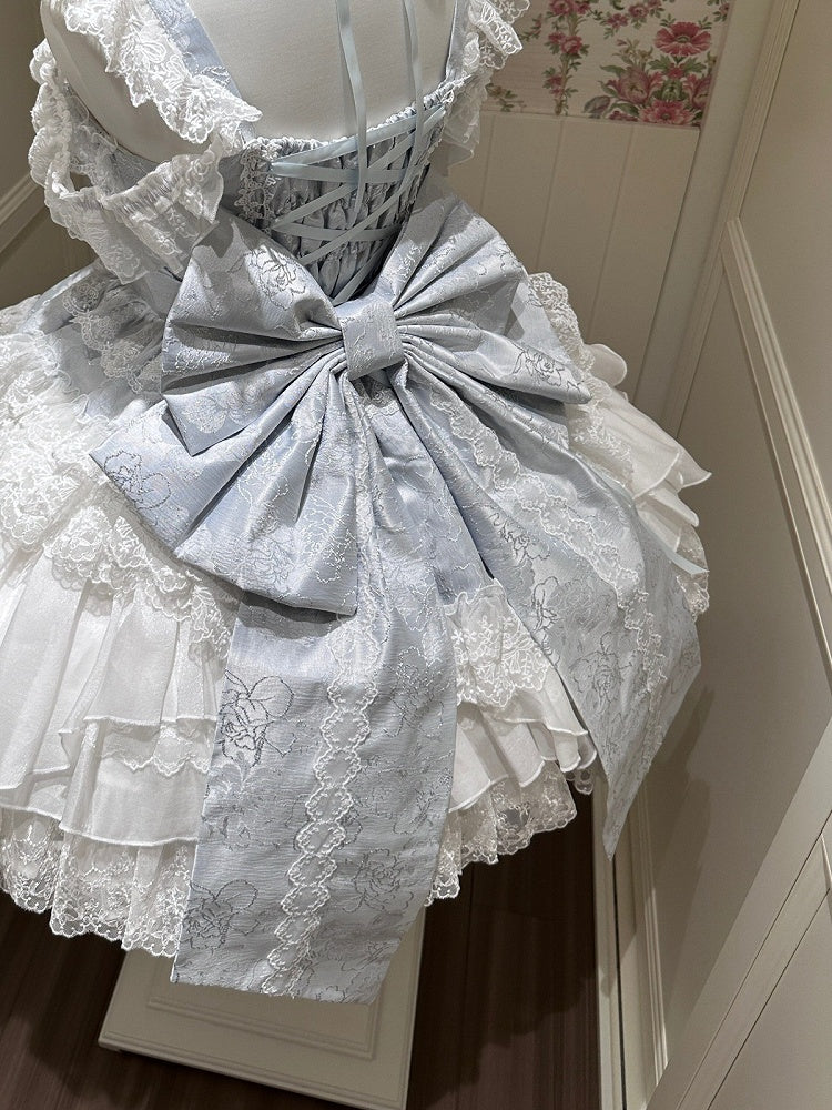 White Blue Pink Lolita Jacquard Back Bow - White Sugar Girl