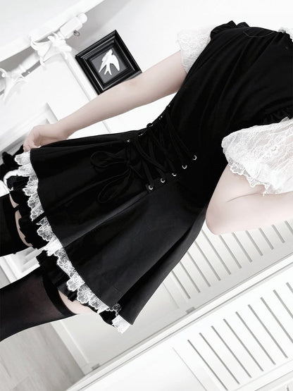 Jabot Black Jirai-Kei Plaid Short Sleeve Gown with Lace Bow Accents + Matching Shorts Set - Puzzles