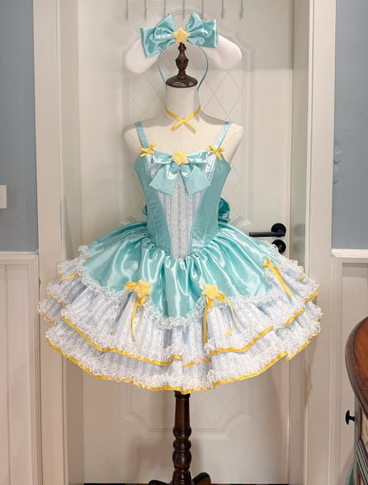 Stripe Basque and with Sweet Details Star Fluffy Accents Lolita Green Dress Waist