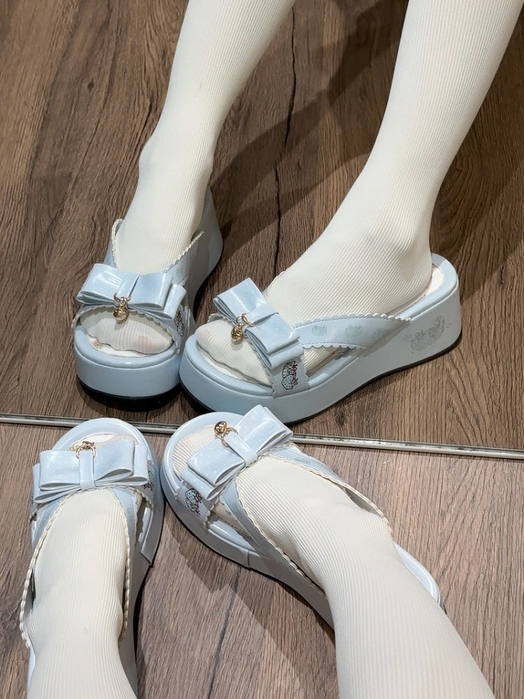 Top at Bow Lolita Slippers Platform Blue Wa Strawberry Print