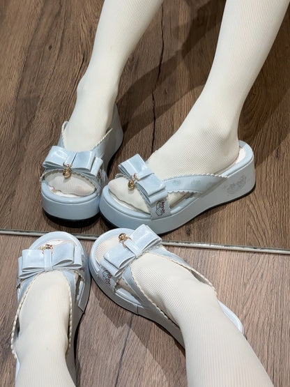 Top at Bow Lolita Slippers Platform Blue Wa Strawberry Print