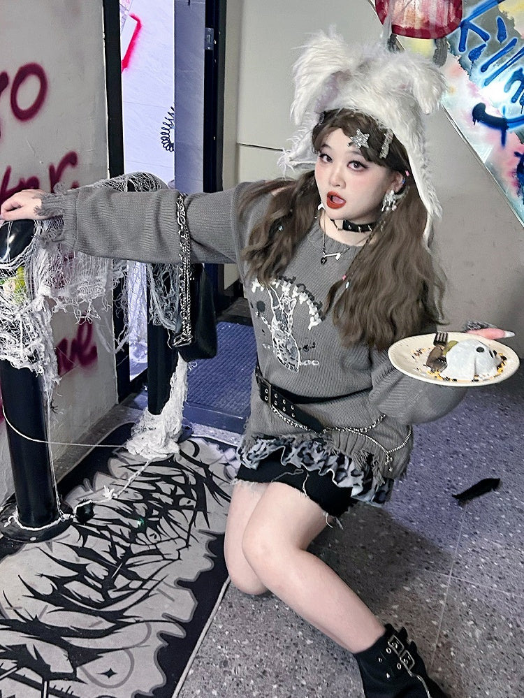 Graue Größe Kitty Plus Pullover Löcher Distressed