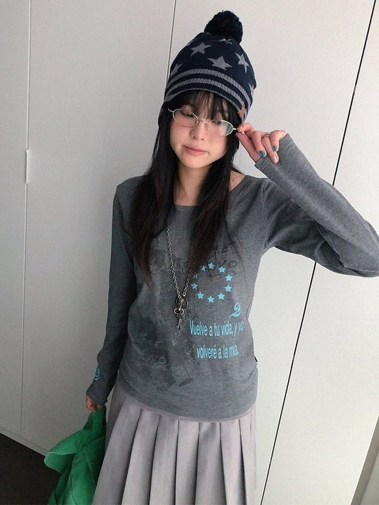 Y2K Gray Wide-Neck Long-Sleeved Fitted Tee with Distressed Graphic - innomoood