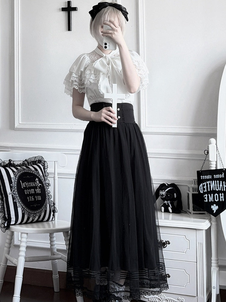 Seiso-kei Black High-Waisted Tulle Lace Long Skirt, Plus Friendly - AbyssThread
