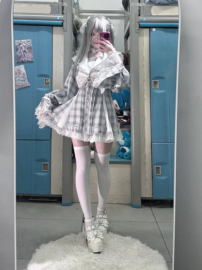 Sleeves Matching Landmine Two-Piece - Top Sailor Bow Shorts Blue + Gray Collar Set Style Bell