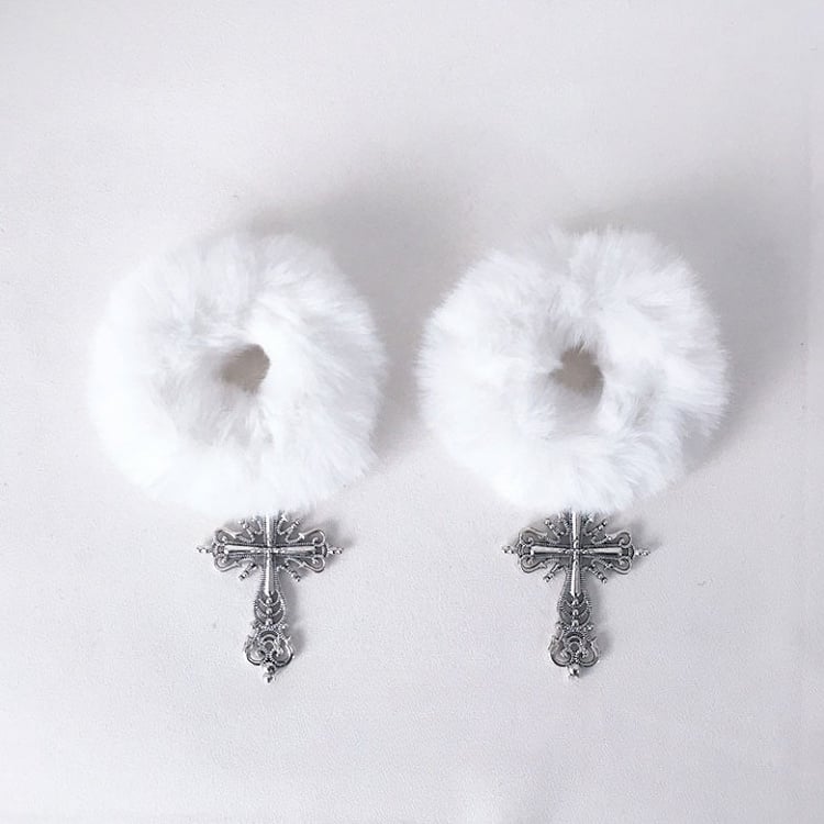 with White/Black Ties Fluffy Charms Cross Hair