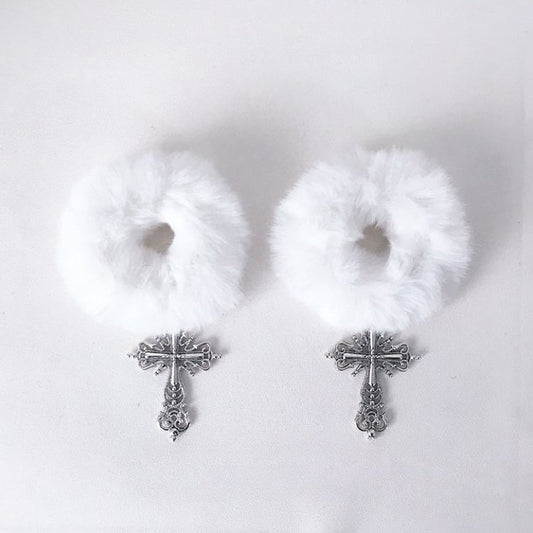 with White/Black Ties Fluffy Charms Cross Hair