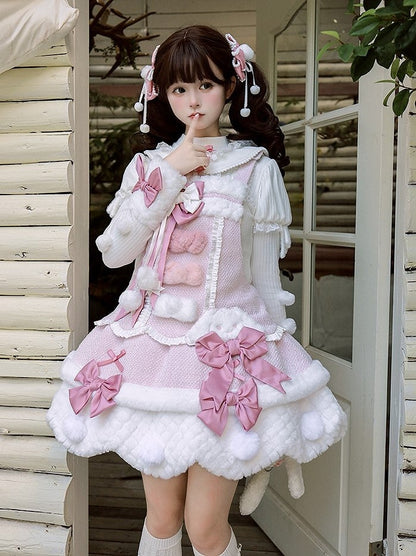 Pom-Poms Pink mit Lolita-Overall-Besatz, gewelltes süßes Kleid, weißer Schleifenrand und