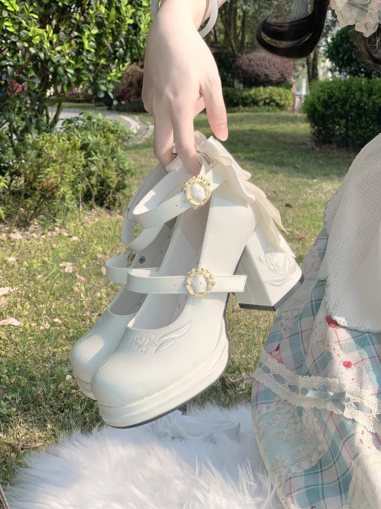Lily Poliert die Heels Weiß Mary Middle Janes Abnehmbare Tal Stickerei Bowknot von
