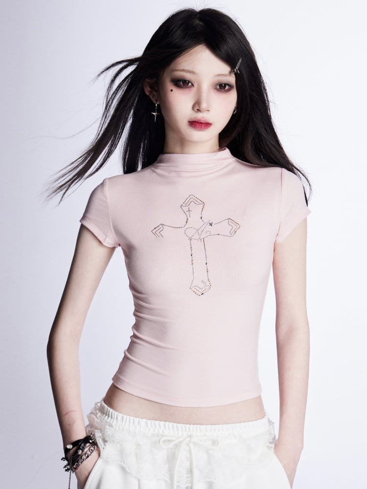 Mock Neck Cross Rhinestones T-Shirt Pink/White/Black