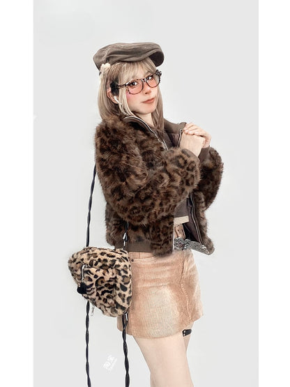 Gyaru Kaffee Leopard Plüschjacke