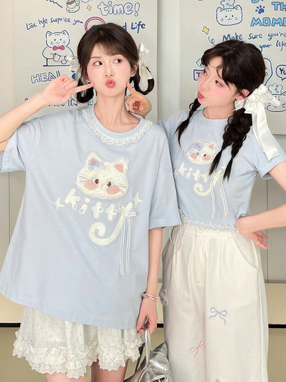 ロング/ショート ラウンドネック プラッシュバージョン ブルー Tシャツ 猫アップリケ