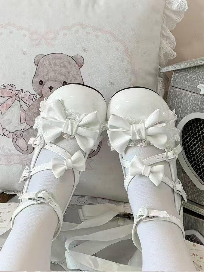 Bow Crisscross Heels White in Sweet Mid Cat with Straps Accents Lolita Heel