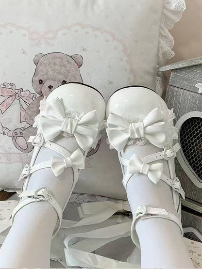 Bow Crisscross Heels White in Sweet Mid Cat with Straps Accents Lolita Heel