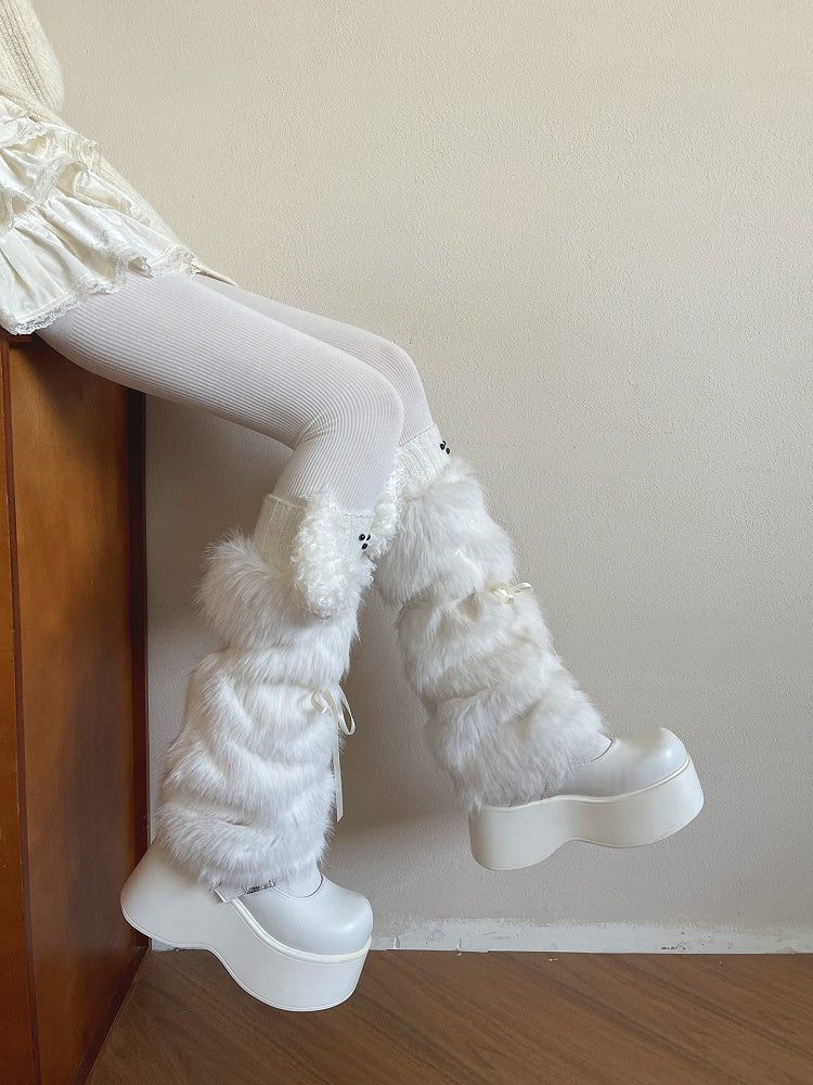 Leg Fur Bow Satin White Faux Accents Warmers with