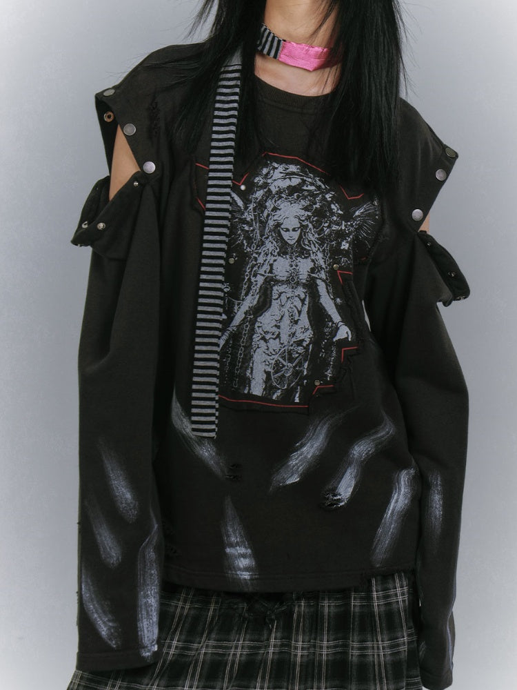 ダメージ加工スウェットシャツデザイン ブラックカットアウトショルダー フェードウォッシュアップリケ