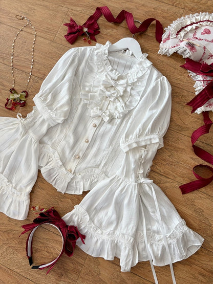 Ruffled Beige & White Shirt with Bowknots & Detachable Bell Sleeves - Currant