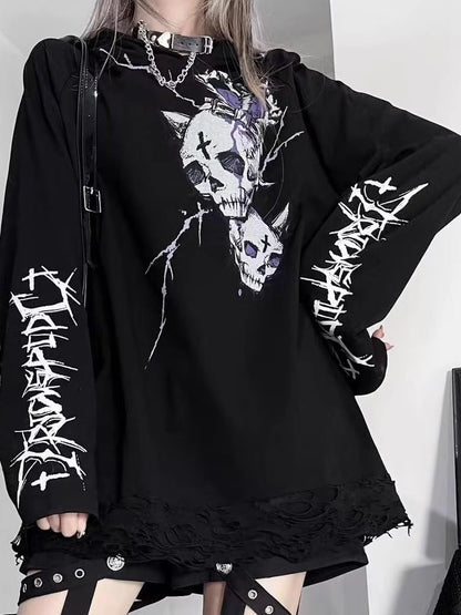 Black And Print Emo Skeleton Hoodie Letter Punk