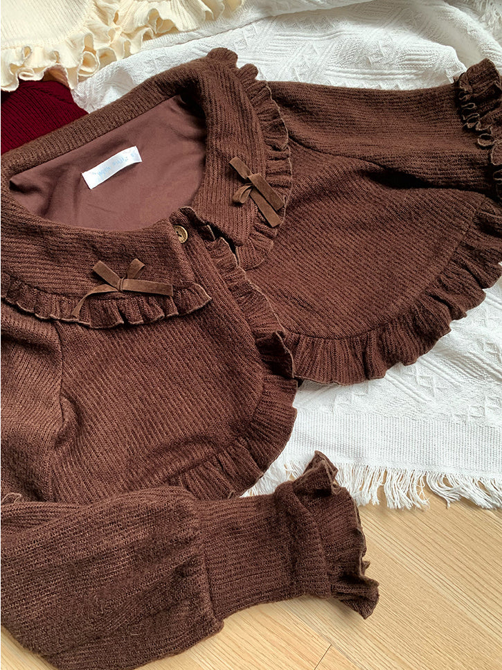 Ruffle for Autumn Winter Brown Trimming Cardigan and Cropped