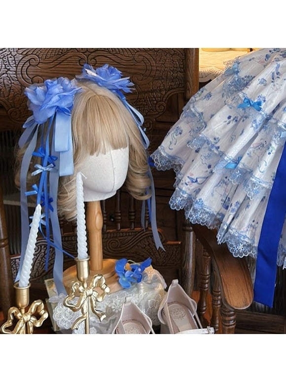 Blue & White Floral Print Lace-Up Lolita Dress Set with Bow Train & Floral Accents - signorina
