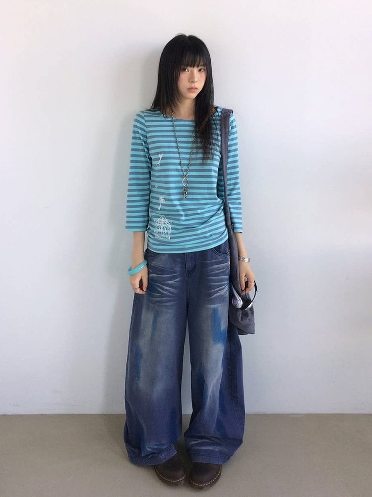 Blue Striped Wide Round Neck Long Sleeve T-shirt with Key and Iron Gate Print - innomoood