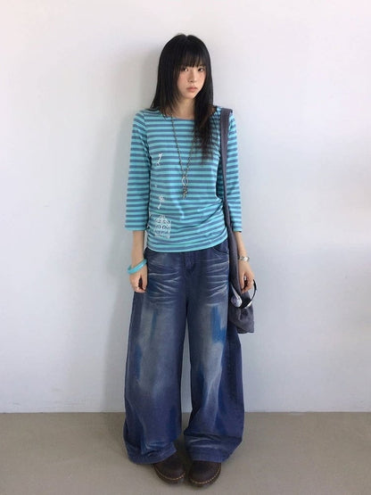 Blue Striped Wide Round Neck Long Sleeve T-shirt with Key and Iron Gate Print - innomoood