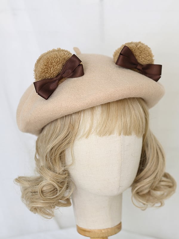 キャメル/ベージュコーヒー かわいいクマ耳ベレー帽 ウール