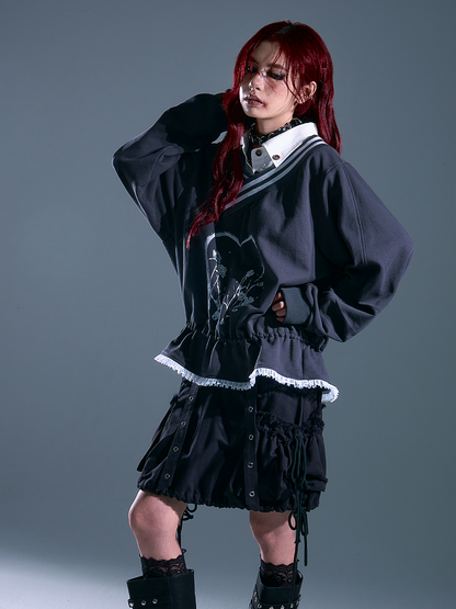 Top Two-Piece - Heart-shaped Waist Sleeve Faux Print Long Drawstring Gray